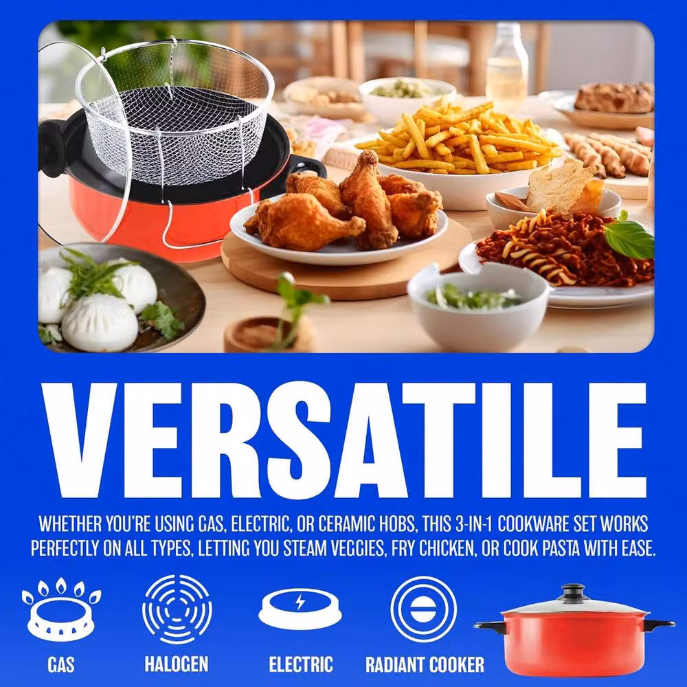 BARGAINS-GALORE 3 in 1 Ceramic Steamer Fryer and Stir Fry Pot with Glass Lid, Red and Multicolour – 3