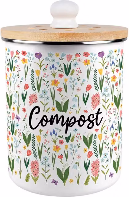 Purely Home Spring Flowers Compost Caddy Metal and Ceramic Kitchen Food Waste Bin with Flip Lid, 2 l, Green and Multicolour