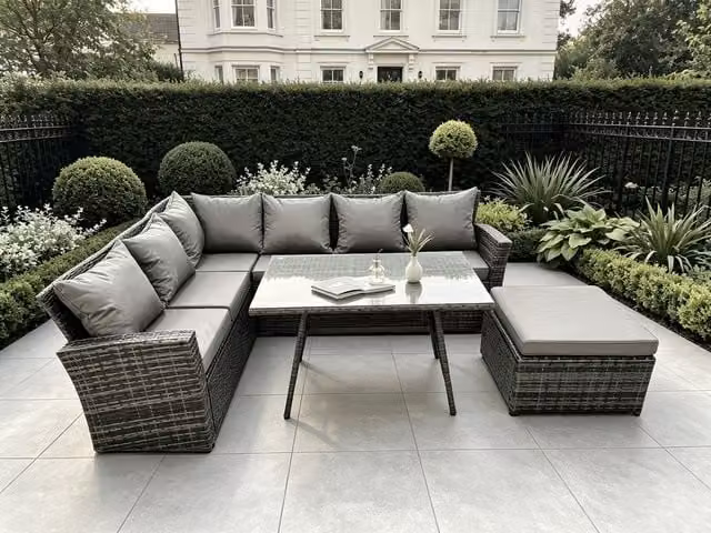 Fimous 7 Seater Rattan Garden Furniture Set with Dining Table and Footstool in Grey