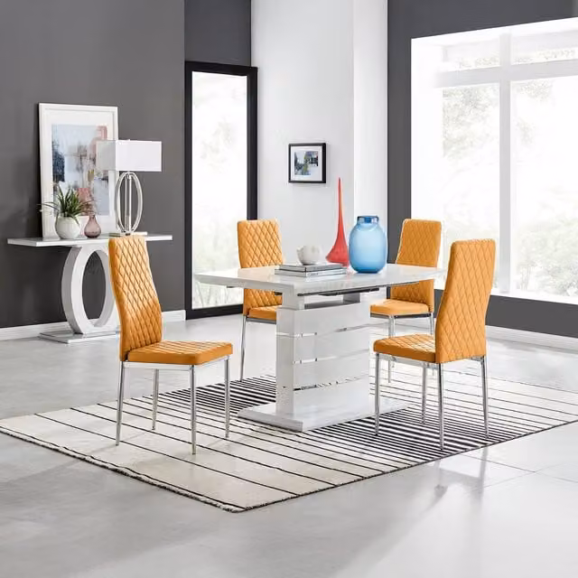 FurnitureboxUK Renato High Gloss Extending Kitchen Dining Table and 4 Milan Chairs in Mustard and White