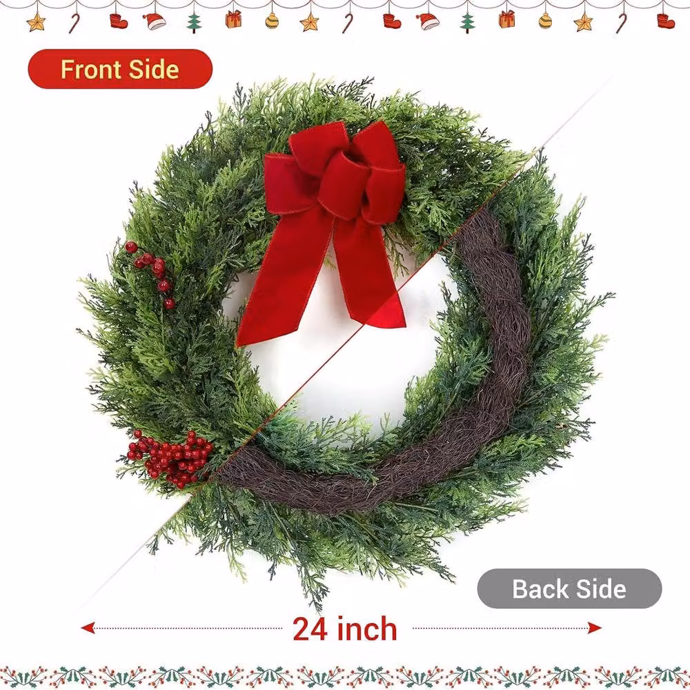 London Boutique Artificial Outdoor Christmas Wreath with Bow, Diameter: 60.96 cm – 2