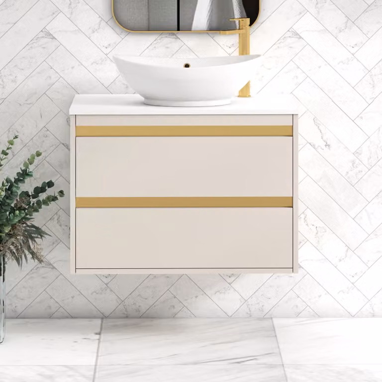 Royal Bathrooms Orion 800mm Warm Taupe Wall Hung Vanity Unit with Amaze Basin and Brushed Brass Accent Trim