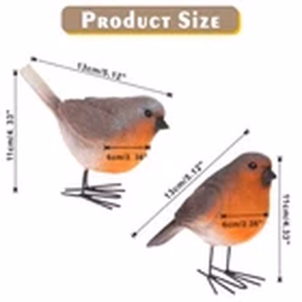 EONLION Pair of Lifelike Resin Robin Bird Statues in Brown, Orange and Multicolour for Outdoor Patio Decor – 2
