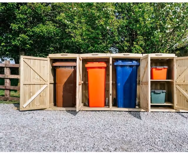 Buttercup Farm Chatburn Bin Store in Brown, Fits 3x 180L/240L Wheelie Bins and 2x Boxes, W/D/H: 273 x 80.4 x 120 cm – 1