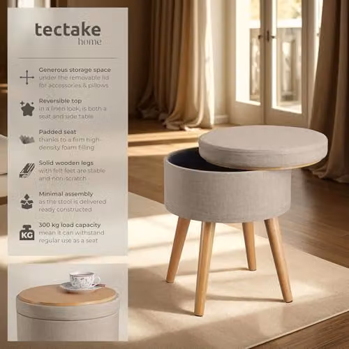 tectake Yara Round Storage Stool in Sand Fabric with Beech Legs, W/D/H: 45.5 x 45.5 x 42.5 cm – 4