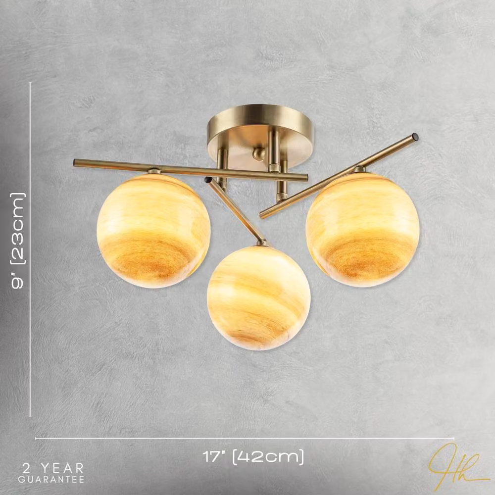 Happy Homewares Mid-Century Modern Ceiling Light in Antique Brass with Amber Marble Glass Spheres in Gold – 3