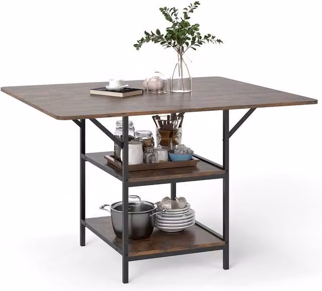 Costway Rectangular Dining Table with Storage Shelves in Brown – 1