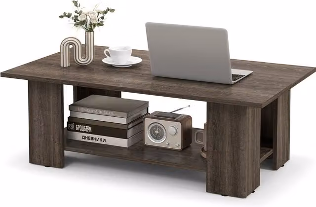 COSTWAY Modern 2-Tier Rectangular Coffee Table in Grey