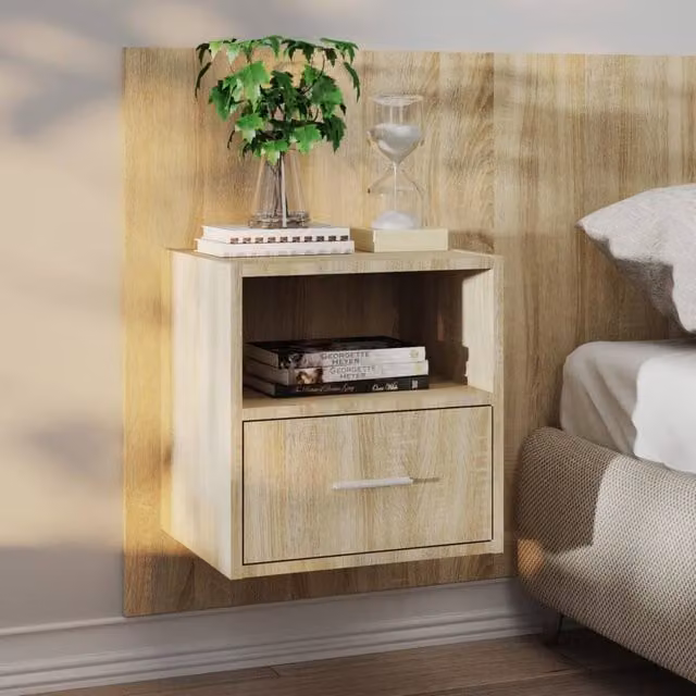 Berkfield Home Set of 2 Wall-mounted Bedside Cabinets in Sonoma Oak Light Brown, W/D/H: 38.0 x 32.5 x 39.5 cm