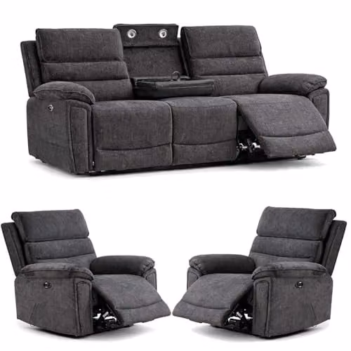 Furnishings For Less UK Sicily Grey Fabric 3 Piece Electric Recliner Sofa Set with 3 Seater and 2 Armchairs, featuring USB Charging and Cup Holders – 1