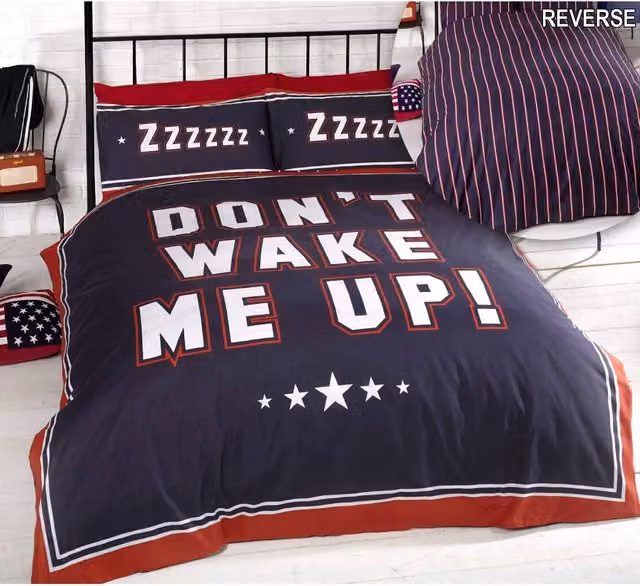 Rapport Don't Wake Me Up Reversible Graphic Duvet Cover and Pillowcase Set, Blue, Red and White, Single