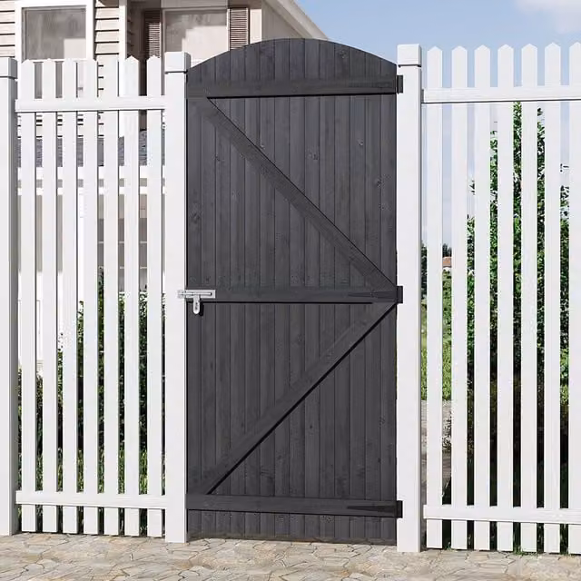 Livingandhome Grey Semi Braced Arch Top Wooden Garden Gate, W: 90 cm, H: 210 cm