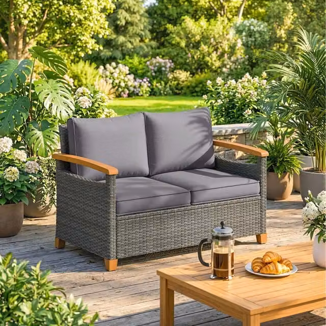Outsunny 2 Seater Rattan Garden Sofa with Acacia Wood Arms and Upholstered Cushions in Dark Grey