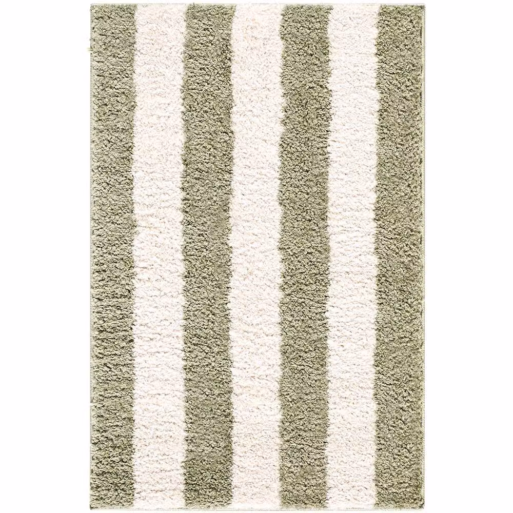 Livabliss Fossay Shag Washable Striped Living Room Rug in Green and Cream, W/D/H: 200 x 275 cm – 2