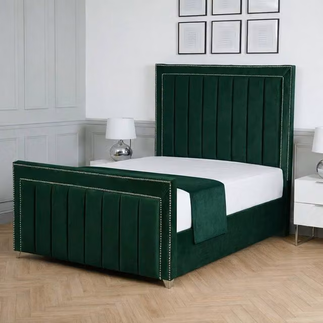 Living Comfort Bedz Royale Green Velvet Upholstered Gas Lift Storage Bed with 48 Inch Headboard, Super King, W/D/H: 200 x 200 cm
