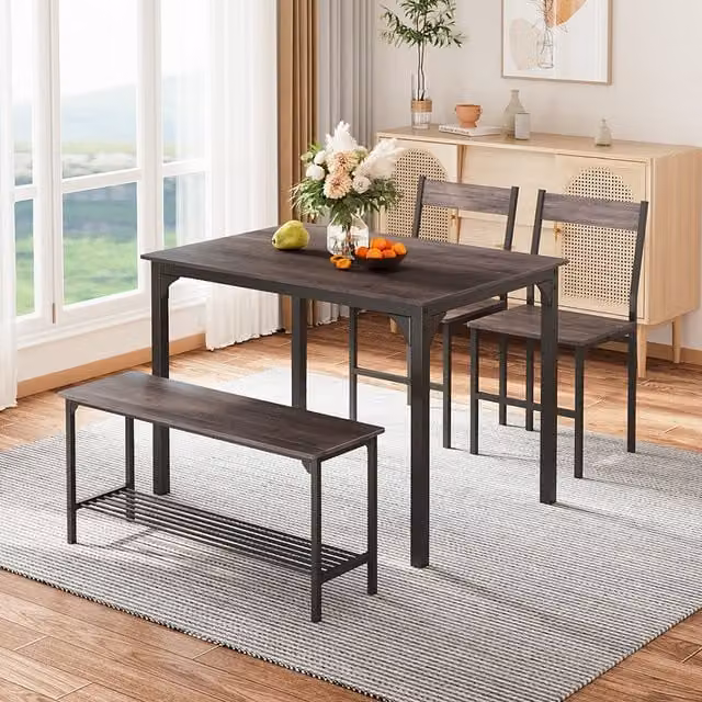 Livingandhome Modern Rectangular Dining Table Set with Bench and Chairs, Brown