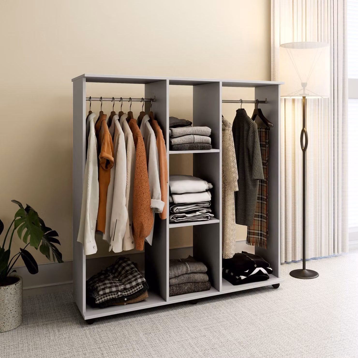 HOMCOM Double Open Wardrobe on Wheels with Clothes Hanging Rail and 3 Storage Shelves, Grey, W/D/H: 120 x 30 x 128 cm – 6