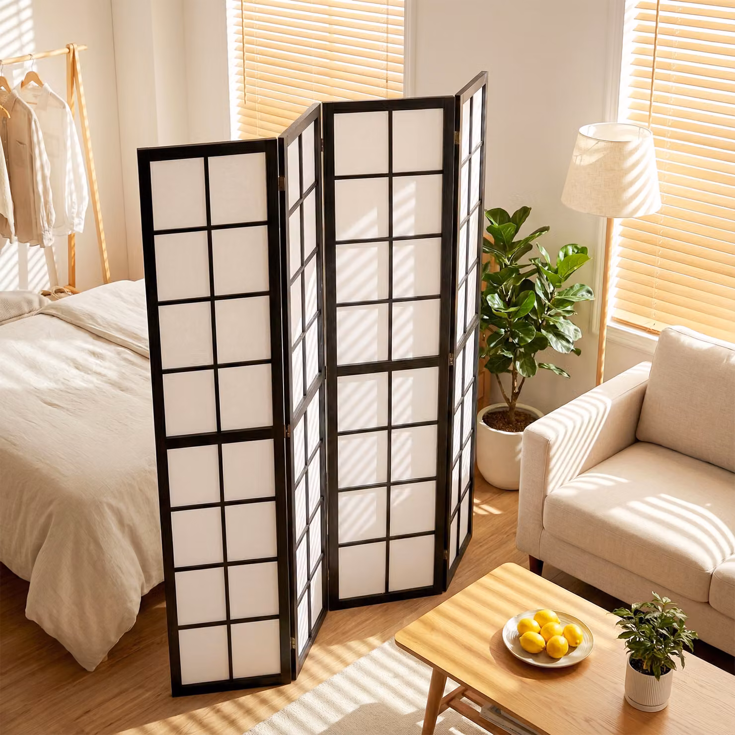 HOMCOM 4 Panel Folding Room Divider, Black Geometric Wood Privacy Screen – 7