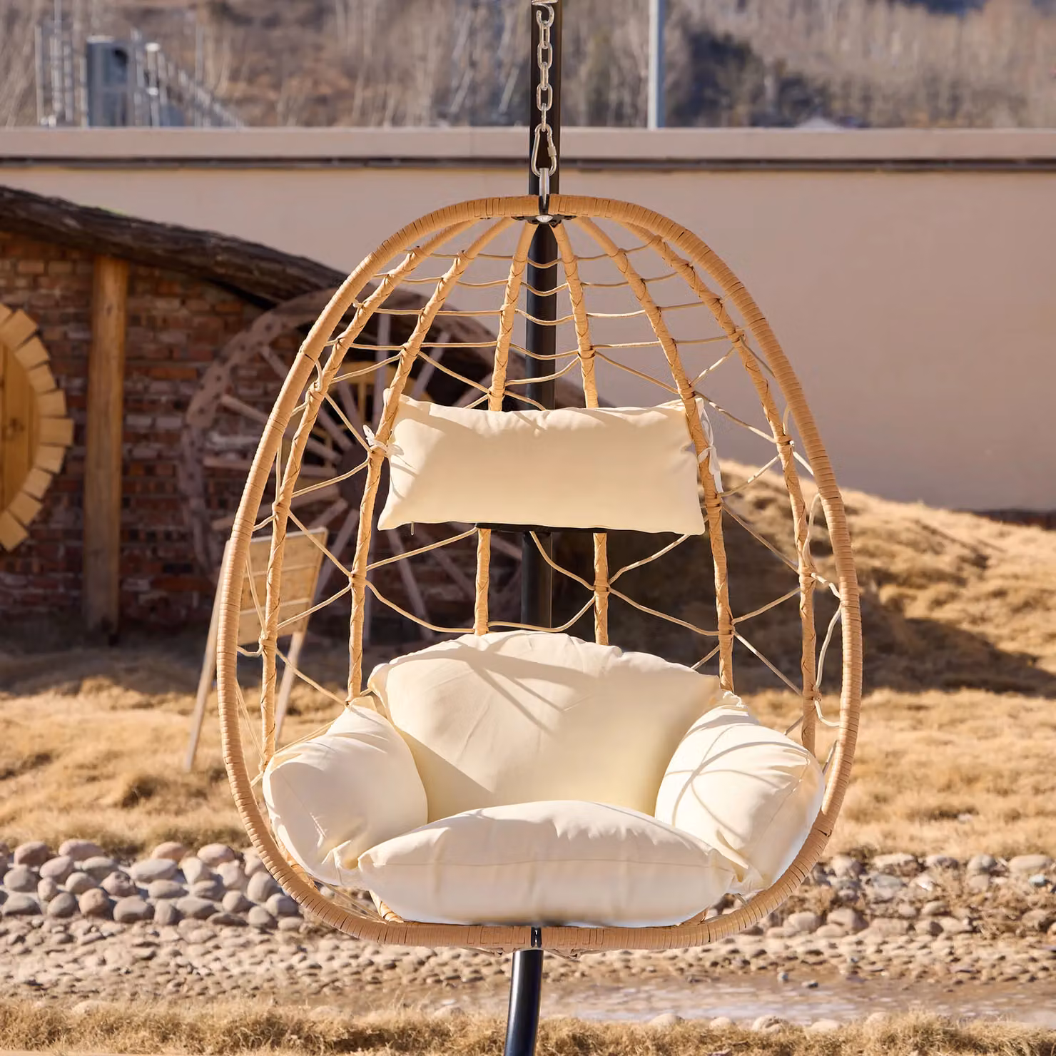 Nordlys Scandinavian Hanging Armchair in Brown Rattan and Black Metal – 4