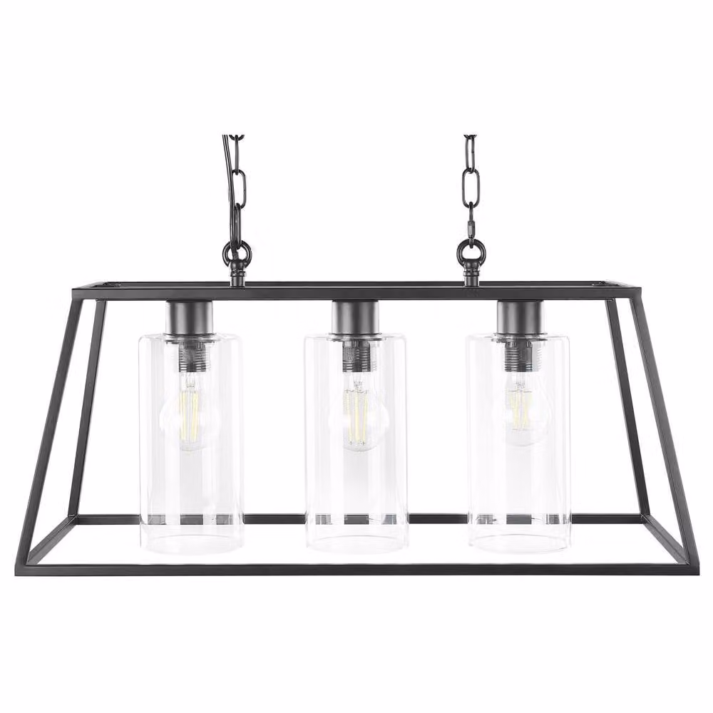 Wyld and Coco Industrial Pendant Lamp in Black Iron with Three Transparent Glass Shades, 117 cm – 2