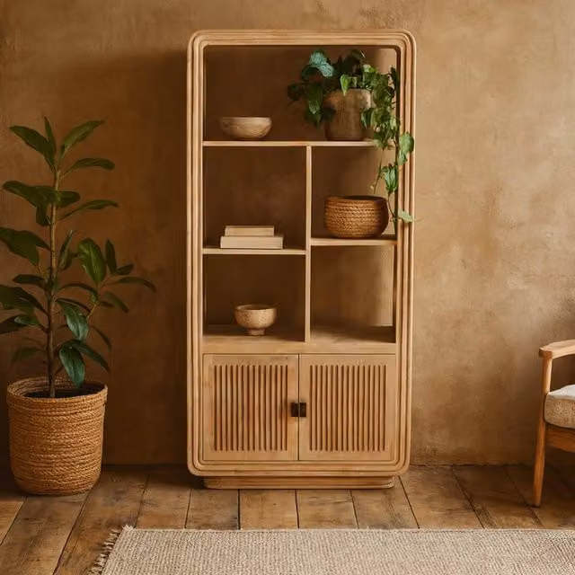 Wyld Haus Arizona Mango Wood Display Cabinet in Brown with 2 Hinged Slatted Doors – 1