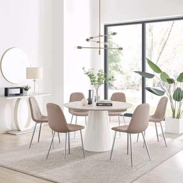 Furniturebox Palma Beige Stone Effect Round Dining Table and 6 Corona Silver Chairs Set