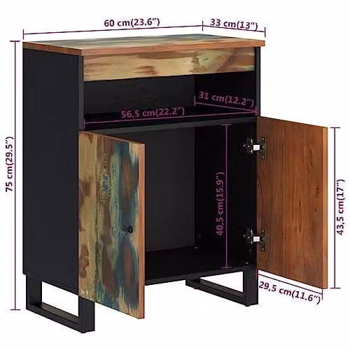 vidaXL Rustic Reclaimed Solid Wood Sideboard with 2 Doors, Multicolour, W: 60 cm, D: 33 cm, H: 75 cm – 2