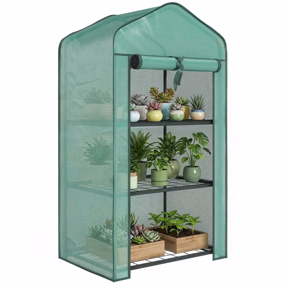 OUTSUNNY Portable Mini Greenhouse with Roll-up Door and Wire Shelves, Green, W/D/H: 127 x 59 x 39 cm – 2