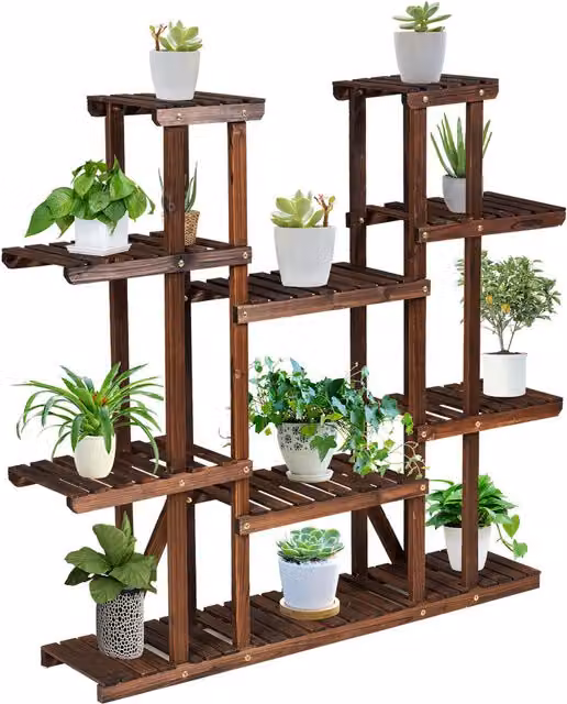 COSTWAY 9 Tier Brown Wood Plant Stand Display Rack for Indoor and Garden Planters