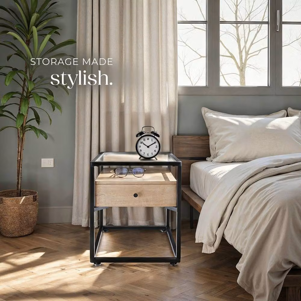 tectake Nightstand with Glass Surface and Drawer in Light Oak – 7
