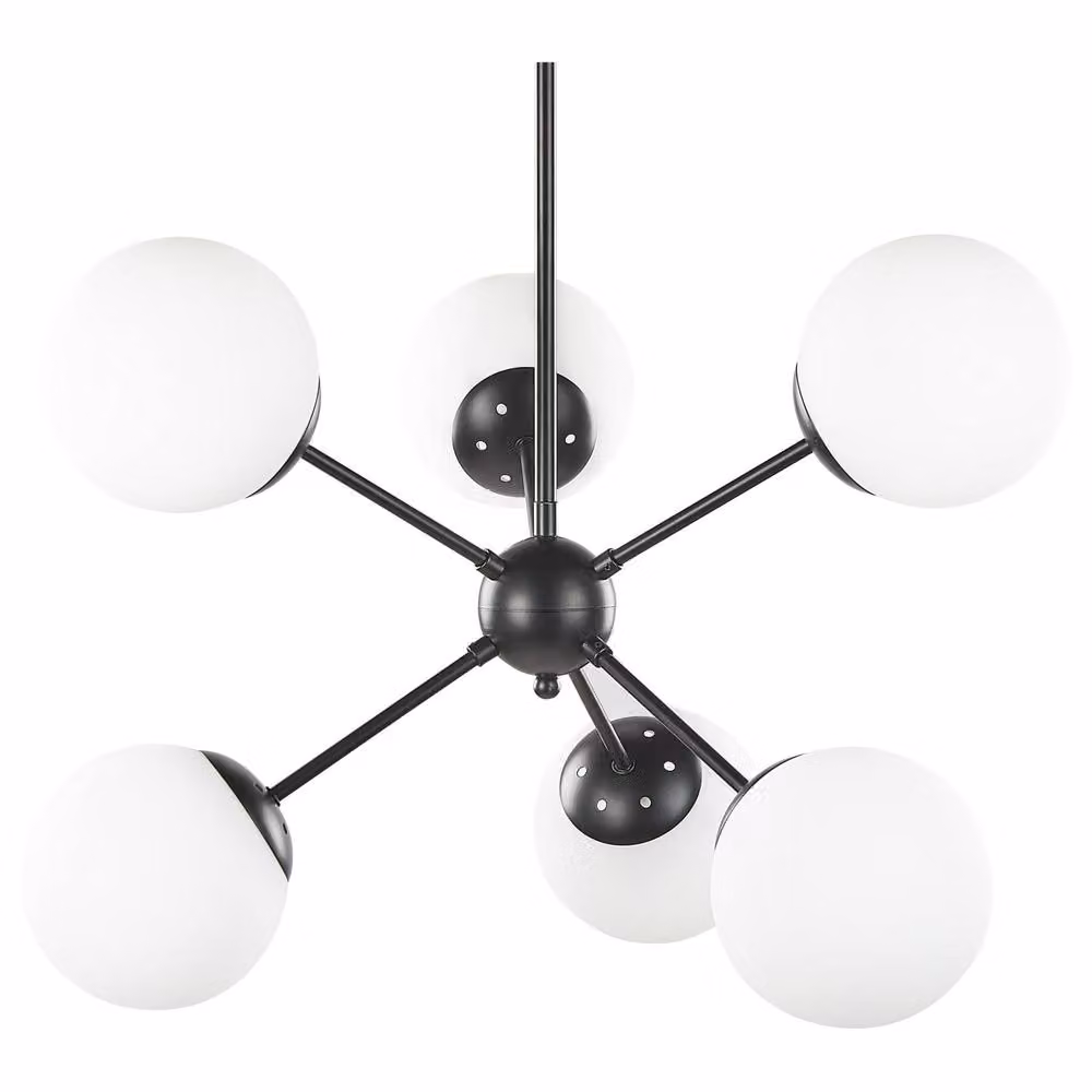 Wyld and Coco 6-Light Mid-Century Pendant Lamp in Black with White Glass Globe Shades, Height Adjustable – 2