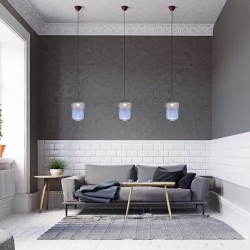 Happy Homewares Modern Blue Ribbed Glass Pendant Light Shade, W: 30 cm, D: 20 cm, H: 20 cm – 3