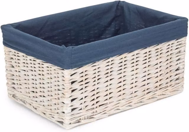 Red Hamper White Wash Open Storage Basket with Removable Navy Lined Cotton Bag in Blue