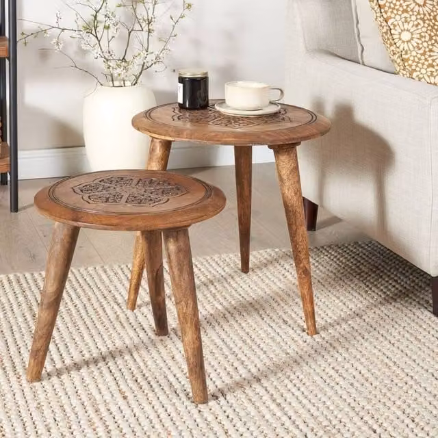 Wyld and Coco Set of 2 Round Oriental-Inspired Mango Wood Side Tables in Brown