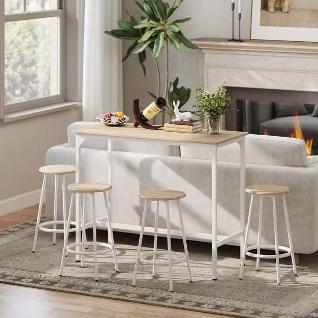 HOMCOM 5 Piece Bar Table and Stools Set in Brown and White with Metal and Wood Frame