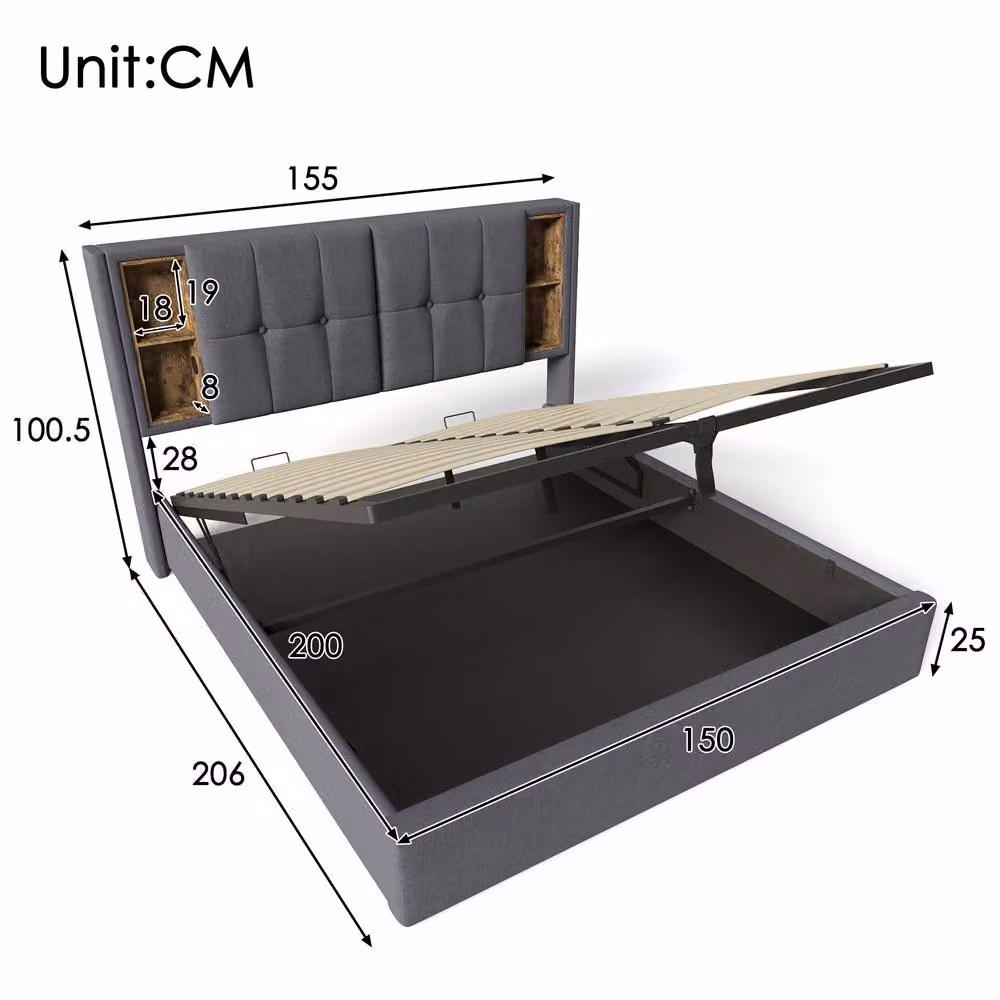 ModernLuxe Upholstered Ottoman Bed with Storage Headboard and USB Charging Port in Grey, W/D/H: 150 x 200 x 155 cm – 2