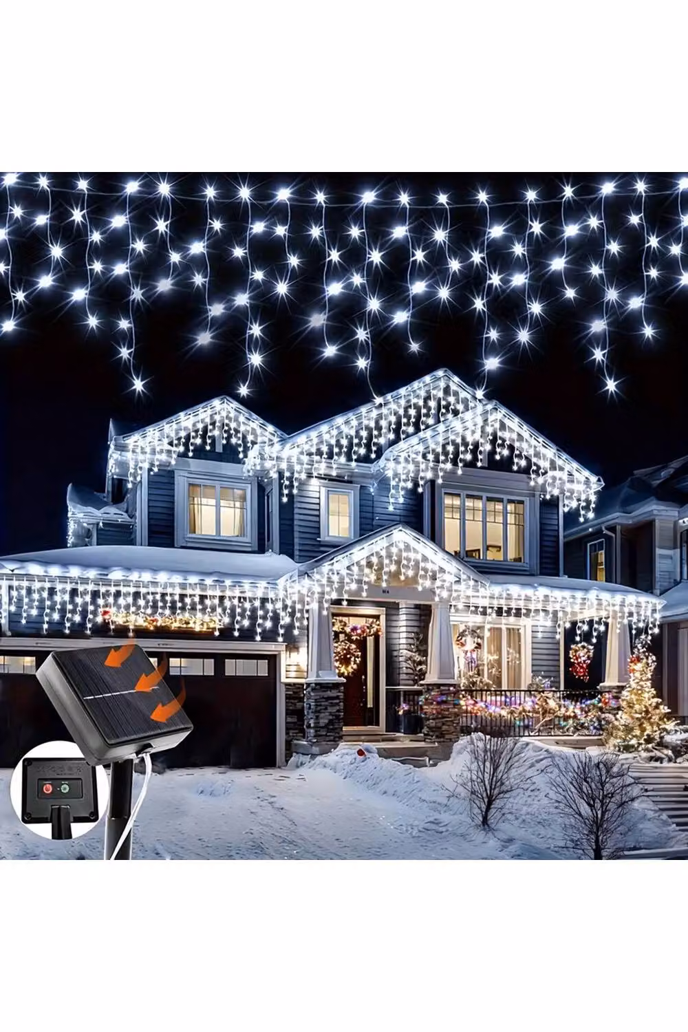 Living and Home Solar-Powered White LED Icicle String Lights with Remote Control and Dusk Sensor – 2