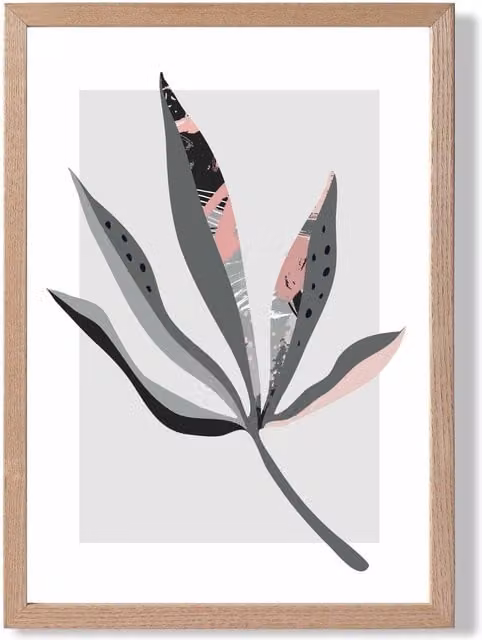 ARTZE Palm Leaf Boho Botanical Framed Print in Grey and Pink with Oak Wood Frame, Size: A2