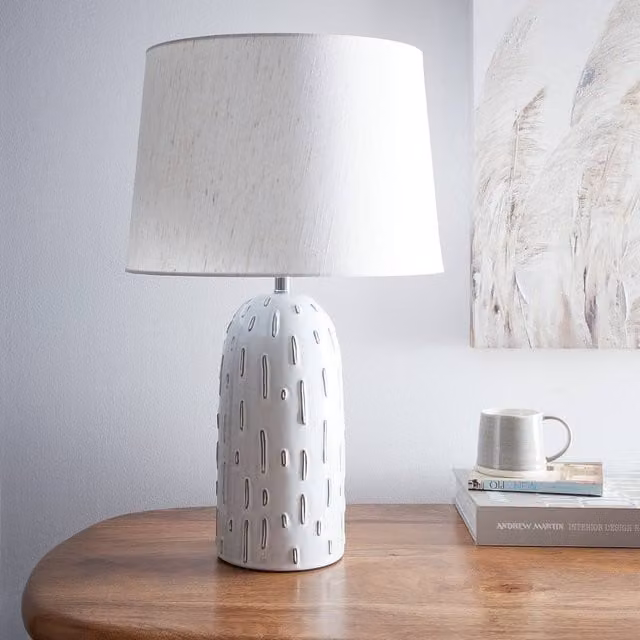 K LIVING Madrid Ceramic Table Lamp in White and Beige with Fabric Shade