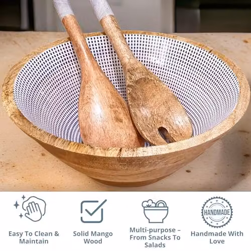Hartsmede Geometric Handmade Wooden Serving Bowl with Spoons, 3L, Grey or Blue – 7