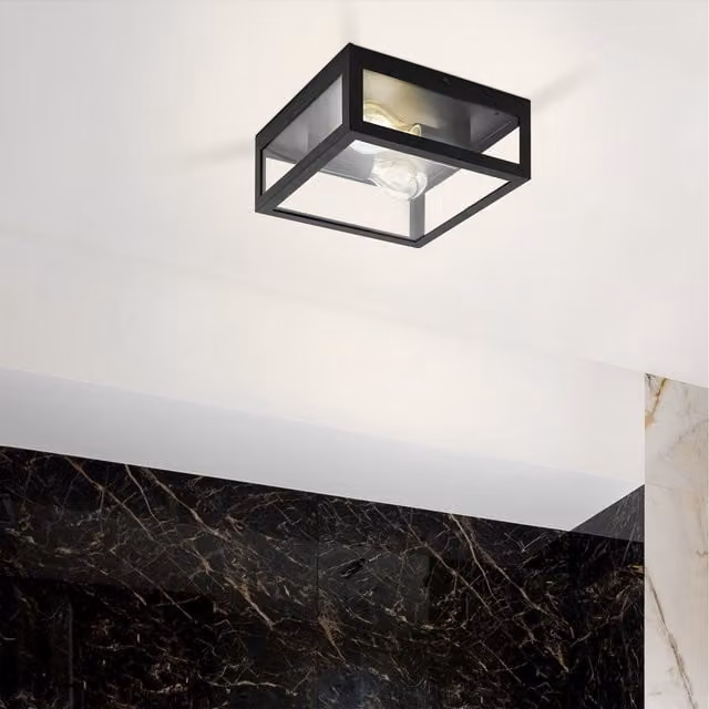 Eglo Amezola Industrial Black Metal and Transparent Glass IP44 Bathroom or Outdoor Ceiling Light – 1