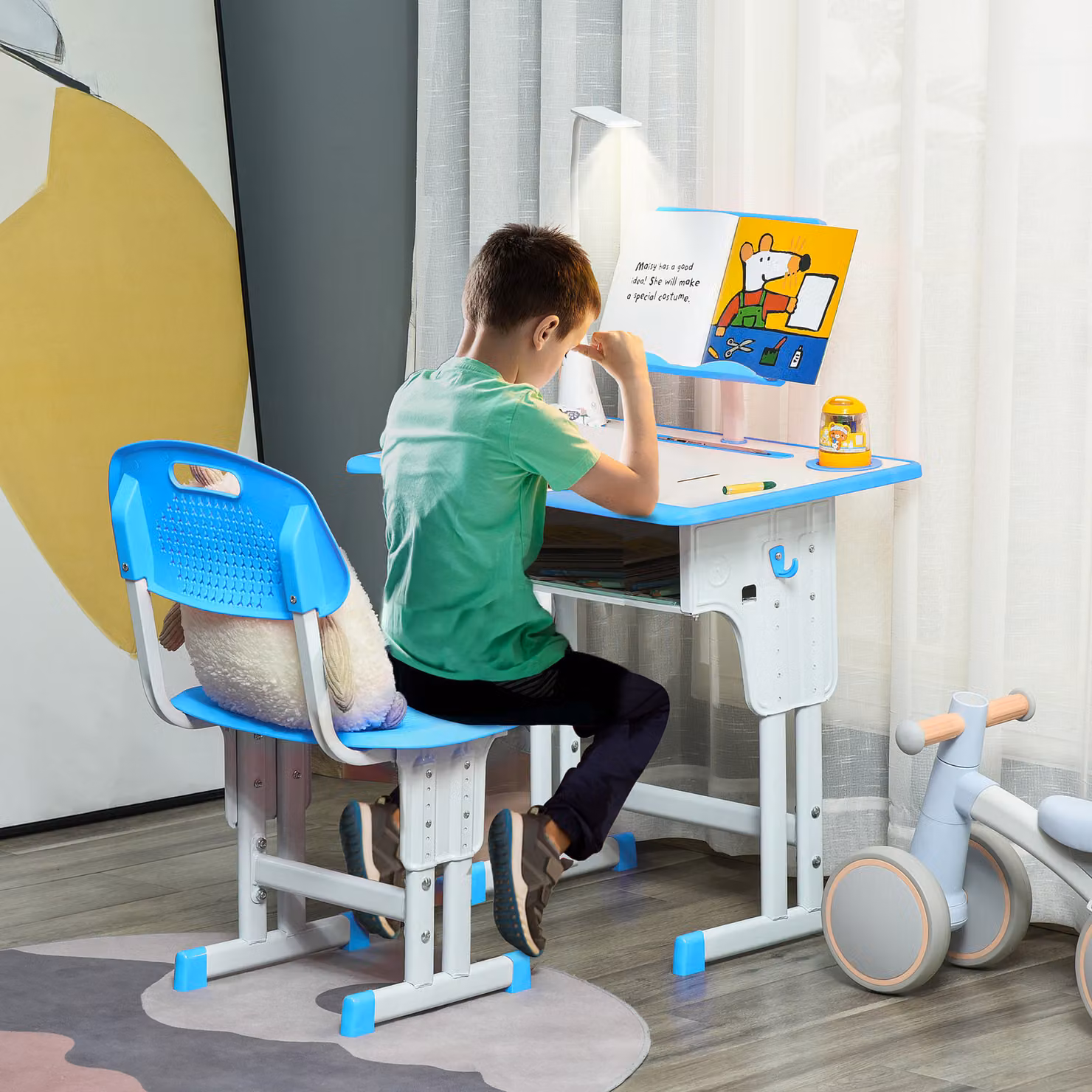 HOMCOM Kids Desk and Chair Set in Blue, Height Adjustable Study Table with Drawer, Book Stand and Pen Slot – 2