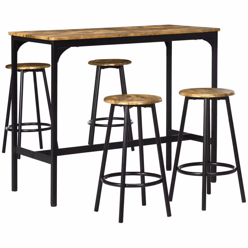 STILVORA Bar Table Set with 4 Stools in Rustic Brown and Black Industrial Style – 4