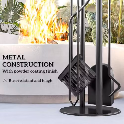Outsunny 5 Piece Metal Fireplace Companion Set in Silver and Black – 4
