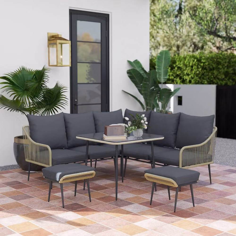ERGOVEXA Six-Piece L-Shape Rattan Garden Sofa Set in Grey with Upholstered Cushions and Powder Coated Steel Frame – 4