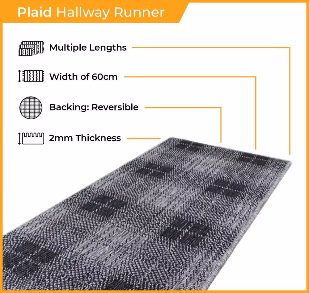 runrug Plaid Grey Reversible Indoor/Outdoor Carpet Runner Rug, W: 60 cm, L: 300 cm – 2