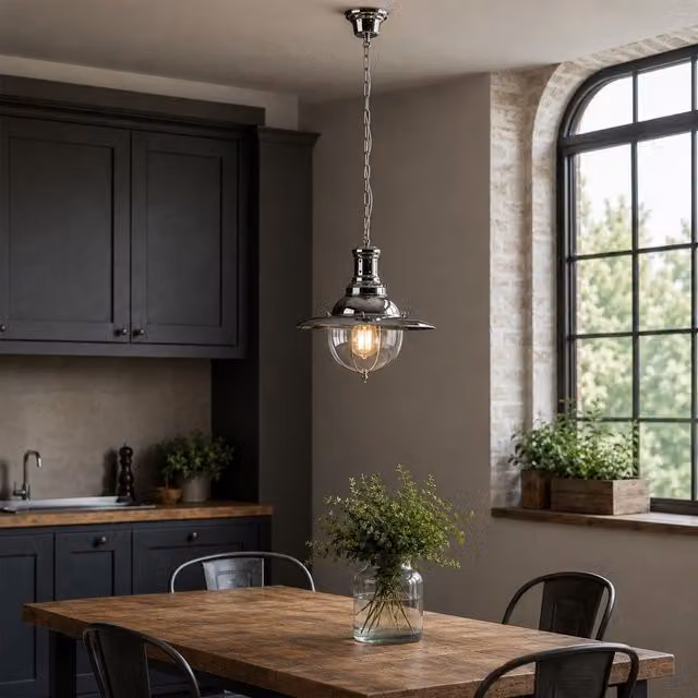 Orsina Industrial Glass Pendant Light with Chrome Metal Frame in Black and Silver – 2