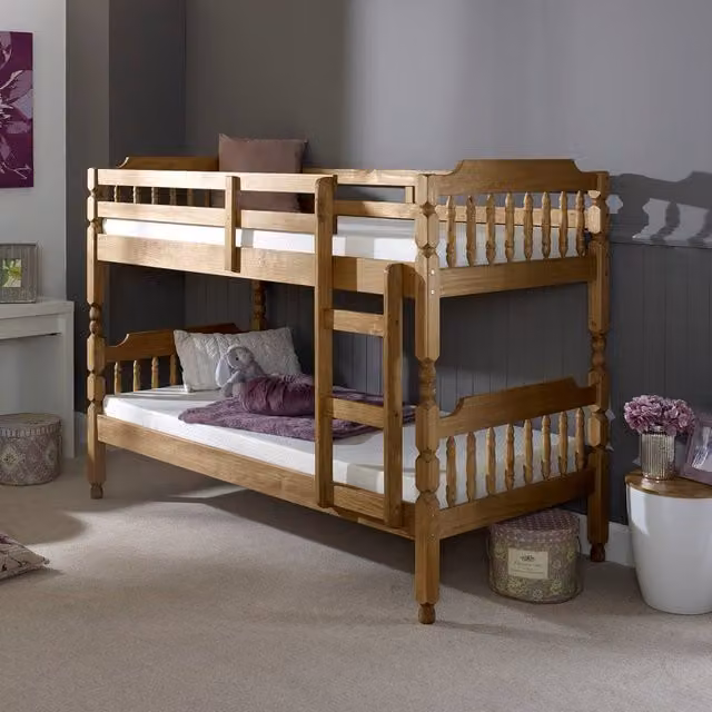 Amani Colonial Spindle Bunk Bed in Waxed Solid Pine, Small Single, Natural Brown – 1