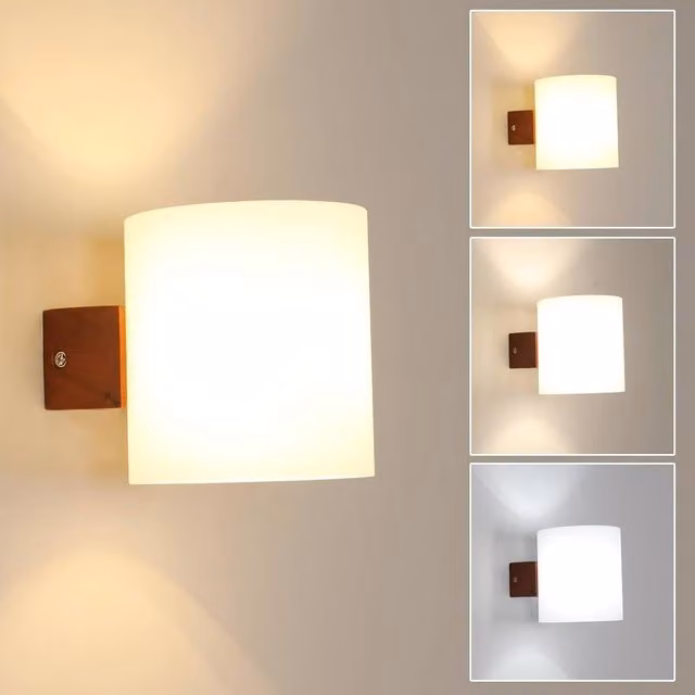 Goeco E27 Wood Interior Wall Light with Tri-Colour Bulb and Brown Glass Shade – 1