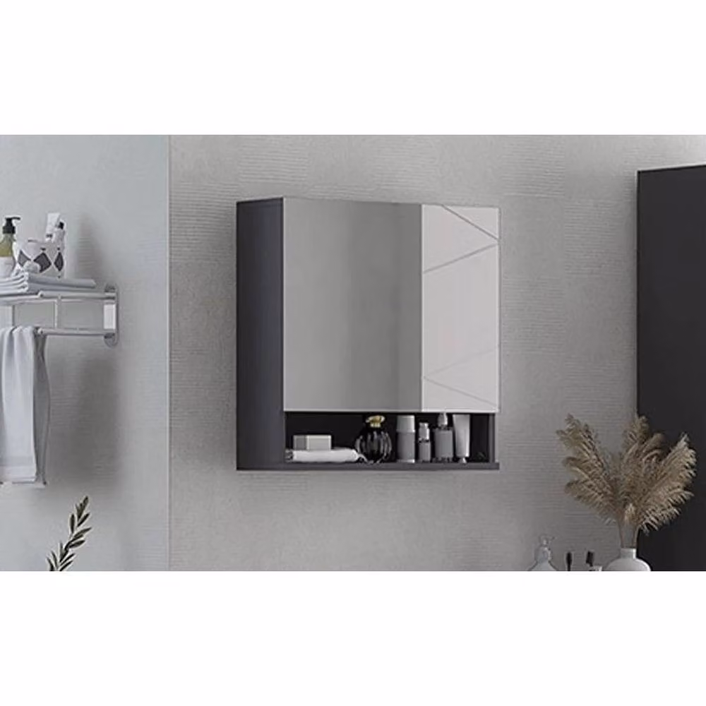 FORGEVIO Wall Mounted Modern Grey Bathroom Mirror Cabinet with Hinged Doors and Internal Shelves – 2